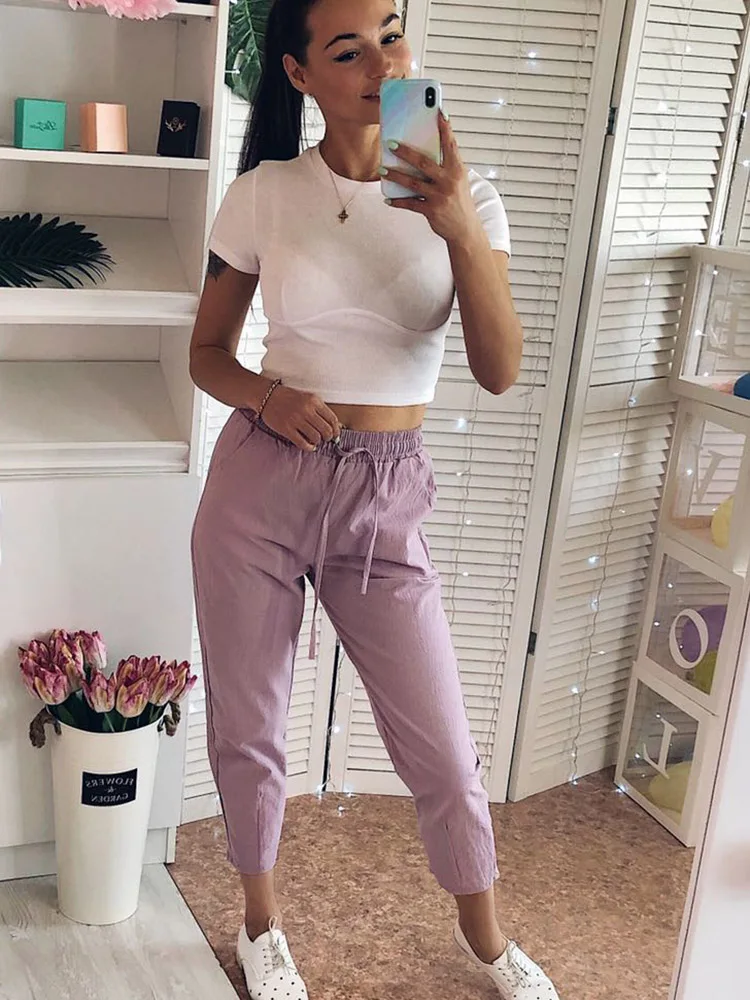 2023 Womens Spring Summer Pants Cotton Linen Solid Elastic waist Candy Colors Harem Trousers Casual Female Pants