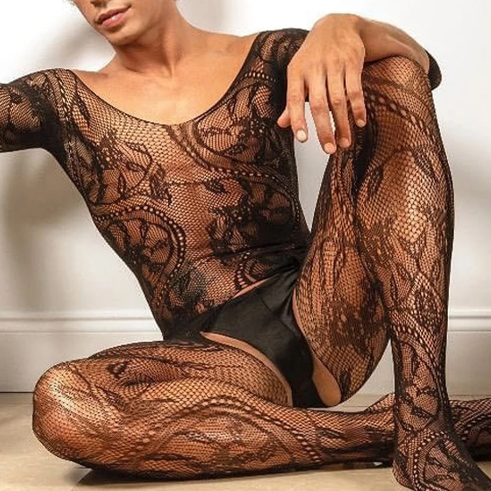 

Men Sexy Bodystocking Transparent Mesh Bodysuit Open Crotch Erotic Lingerie Gay Sissy Lace Fishnet Hollow Out Sleepwear Jumpsuit