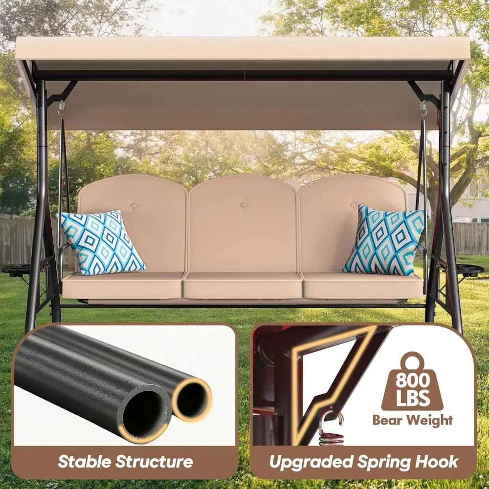 3 Seat Outdoor Porch Patio Swing 800lbs 2-in-1 Patio Swing Glider Chair with Adjustable Canopy & Removable Cushion Outdoor Adult 3