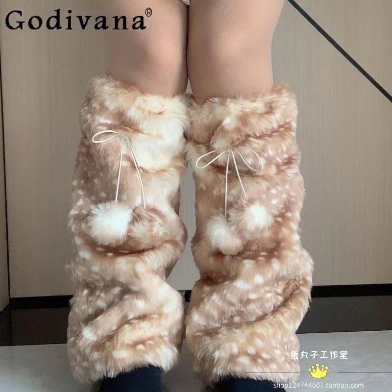 Jambières en peluche à motif de cerf pour femmes, couvre-mollet chaud, doux et cool, style collège JK, chaussettes hautes pour étudiants, cadeau de Noël - AliExpress