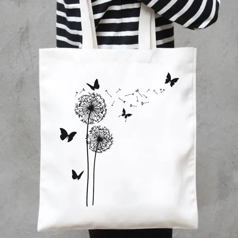 

Casual Shopping Plant Butterfly Trend Cute 90s Girls Women Fashion Tote Bag Print Canvas Bags Shopper Handbags Shoulder