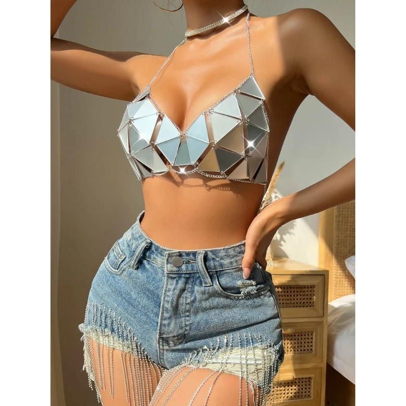 Lentejuelas Halter Cuello en V profundo Sin espalda Crop Tops Club