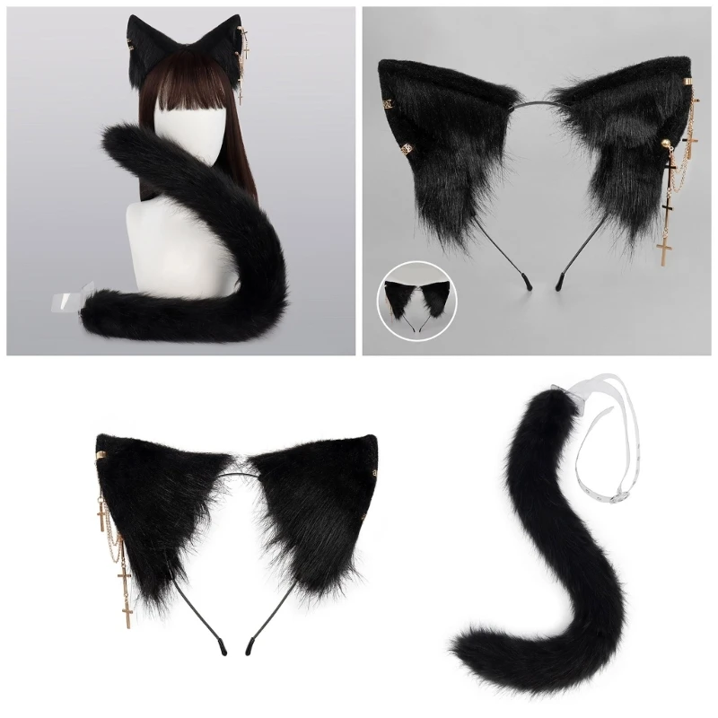 

Комплект с кошачьими ушками и хвостом, повязка на голову с пушистыми кошачьими ушками и хвостом, вечерние аксессуары для костюма