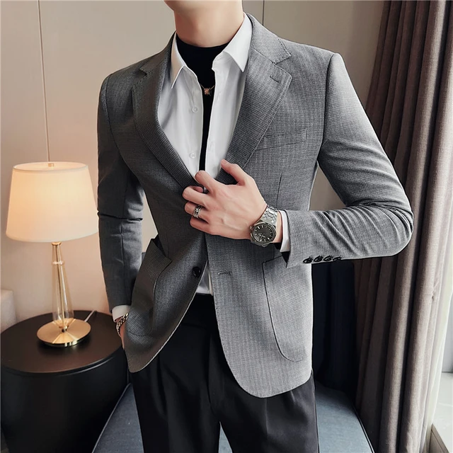 Autumn Premium Grey Korean Suits For Men Fashion Plaid Slim Fit