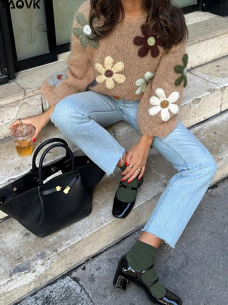 

TAOVK Women Sweaters O-neck Lantern Sleeves Pullovers Flowers Appliques Cardigans Knitwear Autumn Winter Jumpers Warm Top Coat