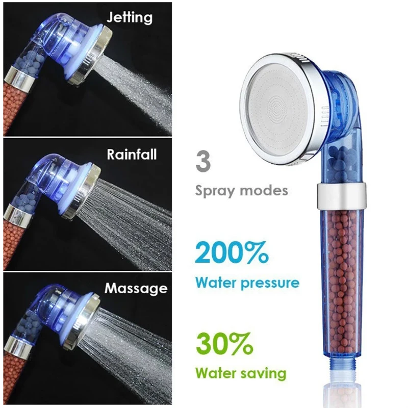 Shower Head Shower Bath Head Adjustable 3 Mode High Pressure Stone Stream Handheld Shower Head with Negative Ion Activated Ceramic Balls