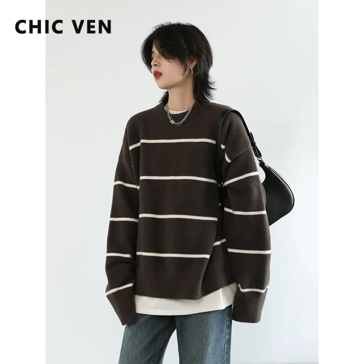 CHIC VEN 여성용 스웨터, 한국 캐주얼 소프트 스트라이프 니트 점퍼, O넥 풀오버, 여성 코트, 봄 가을