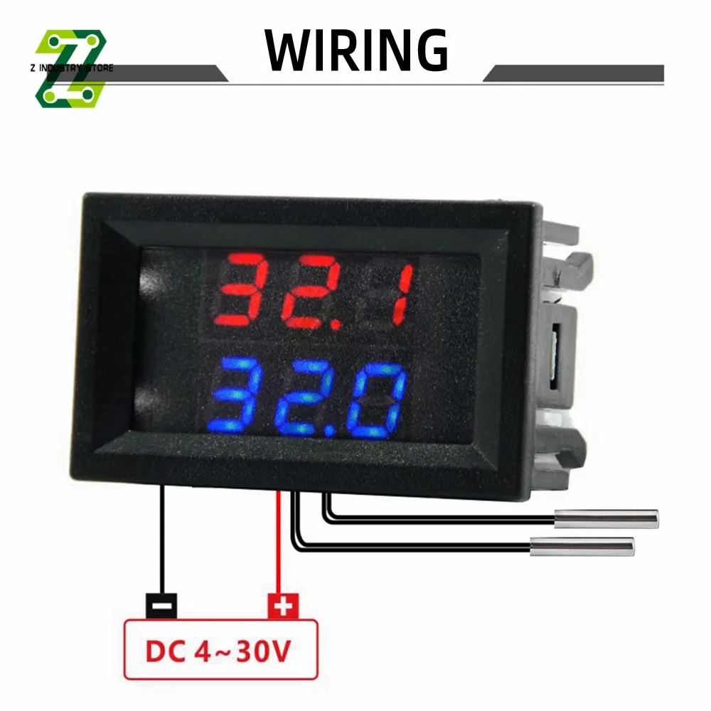 

DC 4-28V LED Display Dual Red Blue Digital Temperature Sensor Thermometer With NTC Dual Probe Cable
