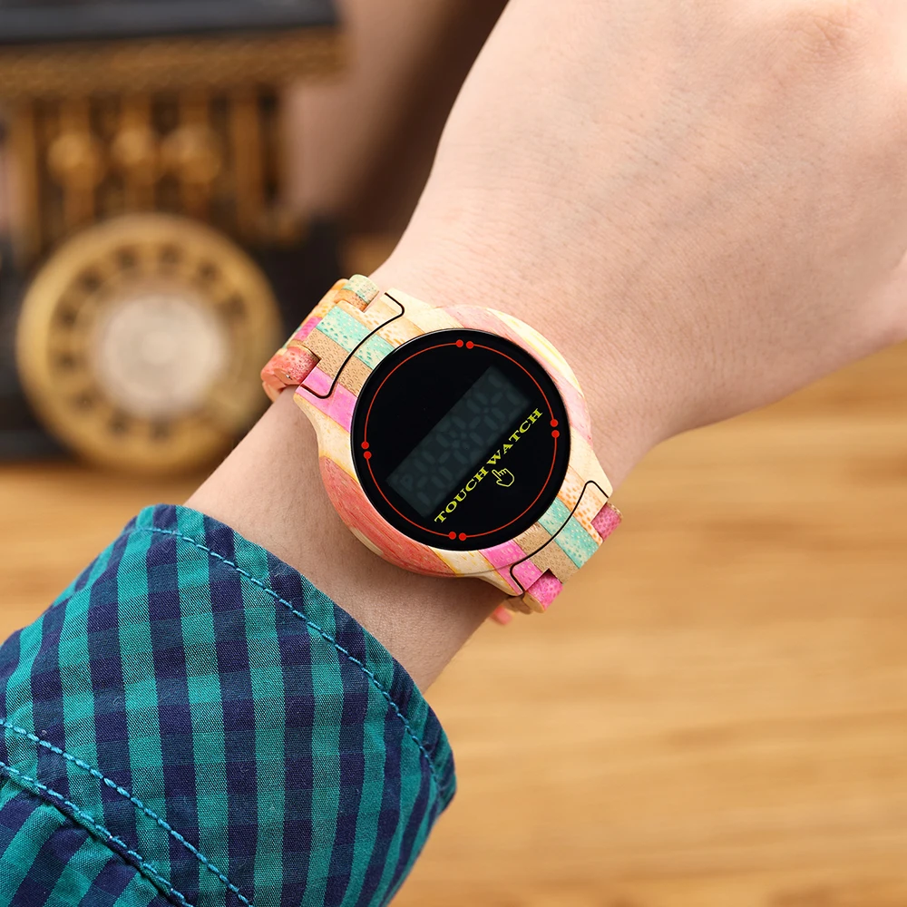 Electronic Men's Watches Touch Screen LED Colorful Bamboo Strap Time Date Luminescent Watch Folding 2023 New