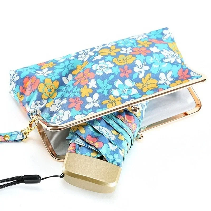 Women Ultralight Mini Flat Handle Five Fold Umbrella Floral Sunny and Rainy Umbrella Rain With Storage Handbag