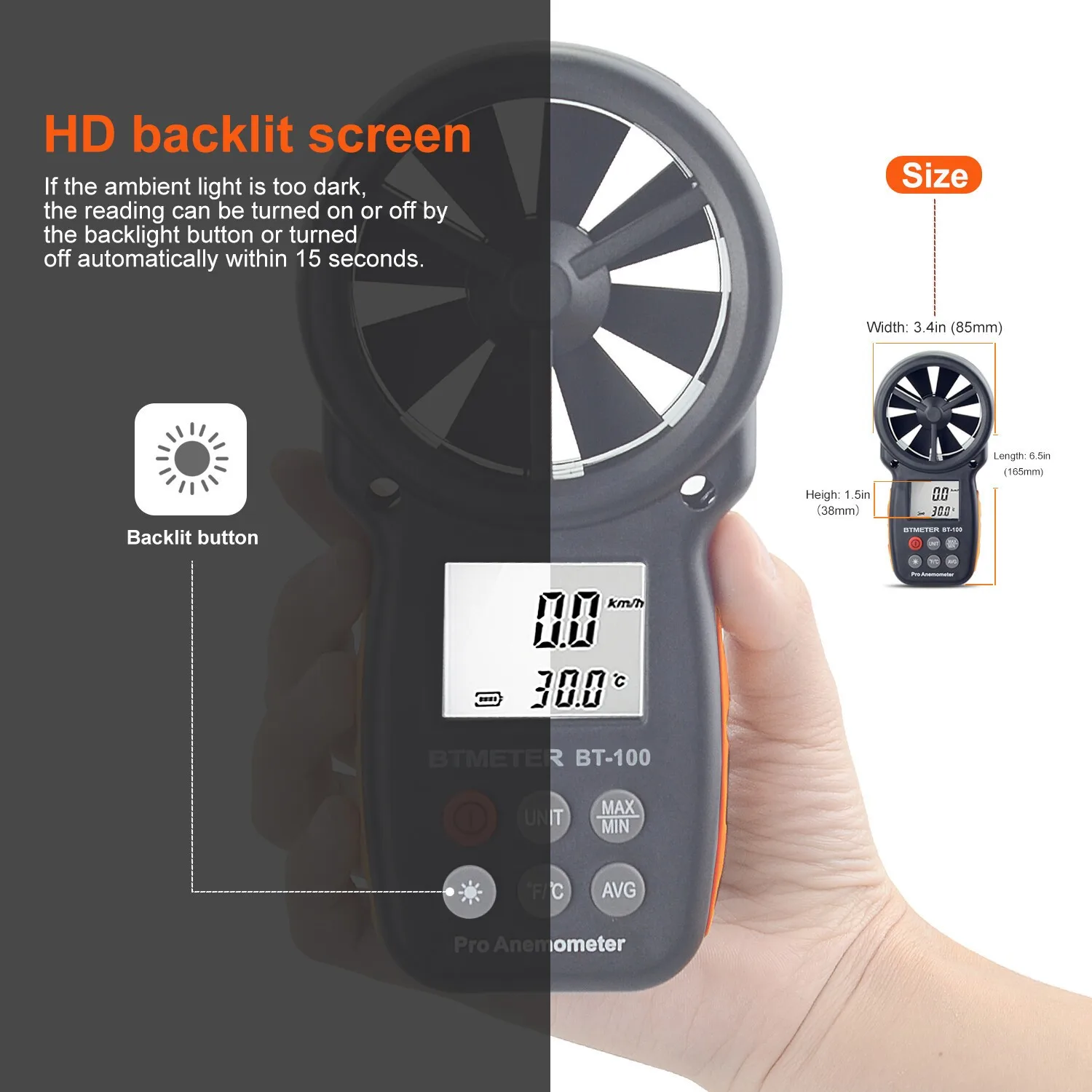 Digitale Handheld Anemometer Windmesser Temperatur Messgerät 0.3-30m/s Windgeschwindigkeit Backlit MAX/MIN/Strömung für Outdoor - 5