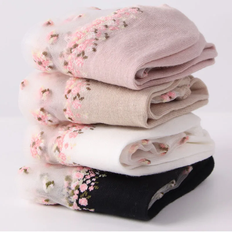 5 Pairs Women Sexy Mesh Floral Short Casual Socks Cute Ladies Transparent Summer Ultra Thin Socks Streetwear Crew Socks 6