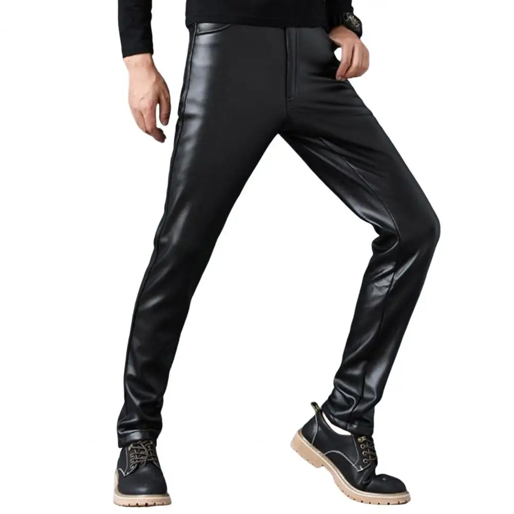 

Men Motorcycling Pants Mid Waist Thin Slim Fit Smooth Surface Match Top Faux Leather Waterproof Pencil Pants Men Clothes