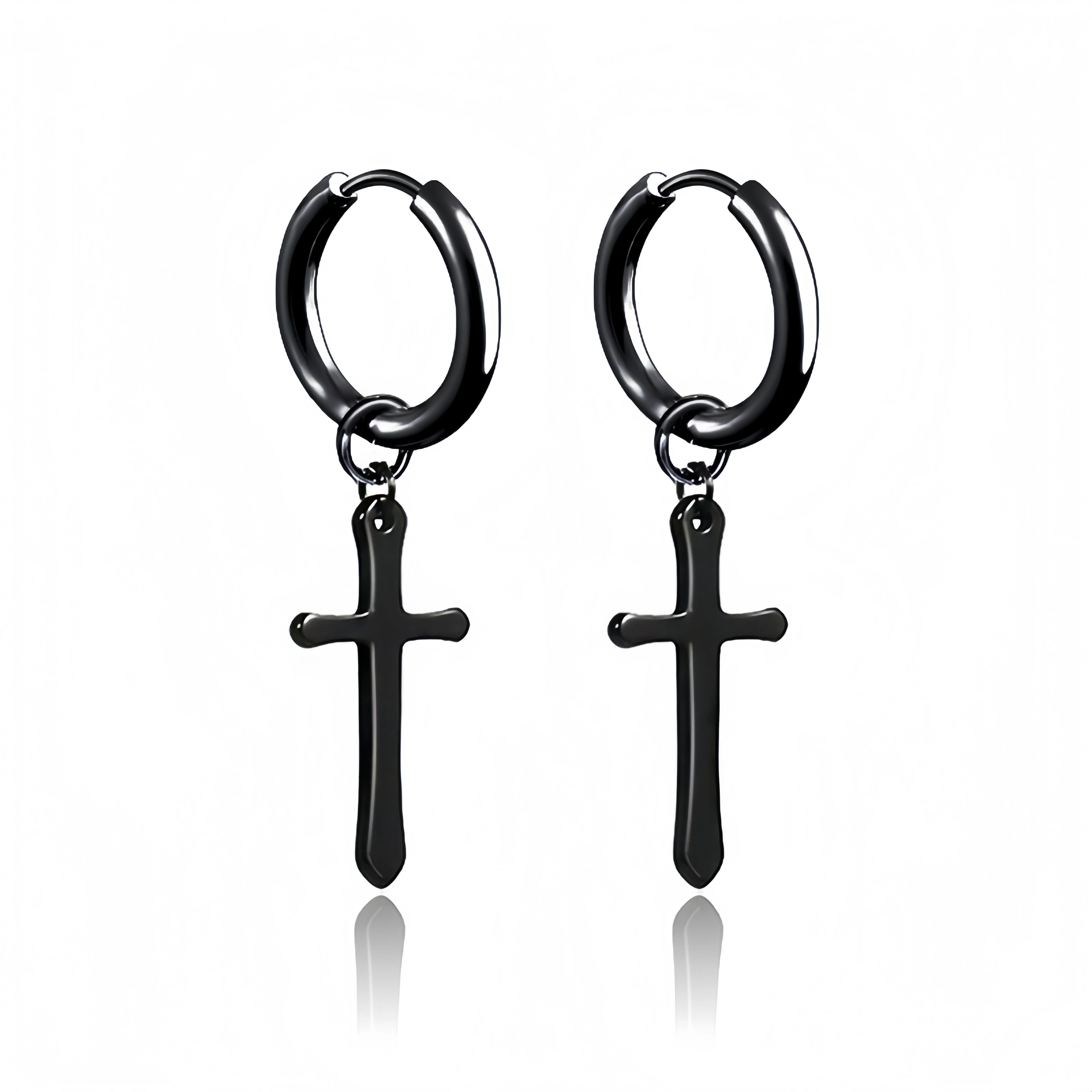 1 Paar Punk-Gothic-Kreuze, schwarz, lange Edelstahl-Piercing-Creolen für Damen und Herren, 2022, trendiger Schmuck, Geschenke für Freund – Detail 4