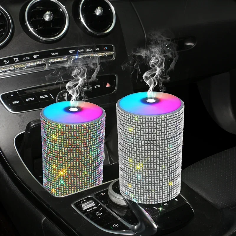 LED 조명이 있는 자동차 공기 가습기, USB 자동 디퓨저 가습기, 크리스탈 라인석 방향제, 자동차 블링 액세서리, 200ml