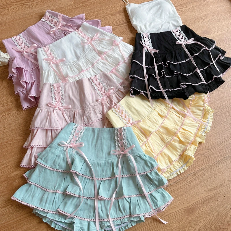 Gonne A Pieghe Stile Giapponese Kawaii Lolita Donna Vita Alta Rosa Fasciatura Fata Y2K Gonna Estetica Cute Faldas Mujer Moda 2023