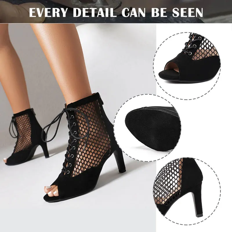 SWDZM Latin dance shoes Woman suede+net Dance Boots for Ladies Pole Party Dancing Shoes Sexy High Heels Boots Ballroom Shoes 3