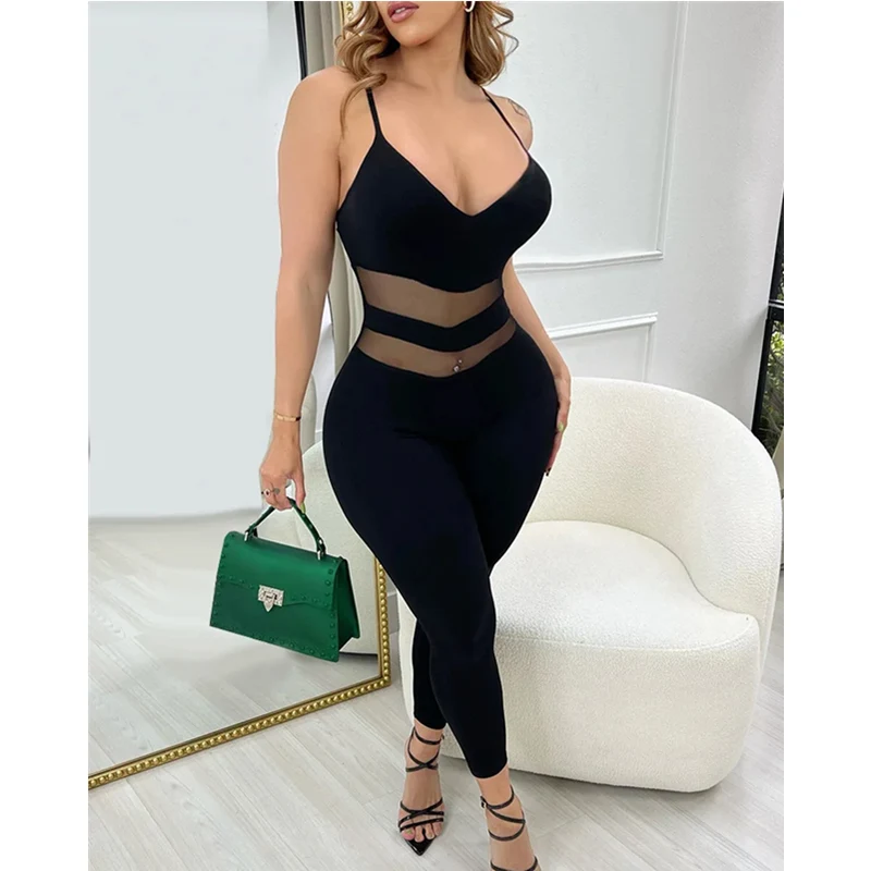 Sheer Mesh Patch Crisscross Backless Jumpsuit Women V Neck Sleeveless Summer Spring High Waist Overall Pants Jumpsuits