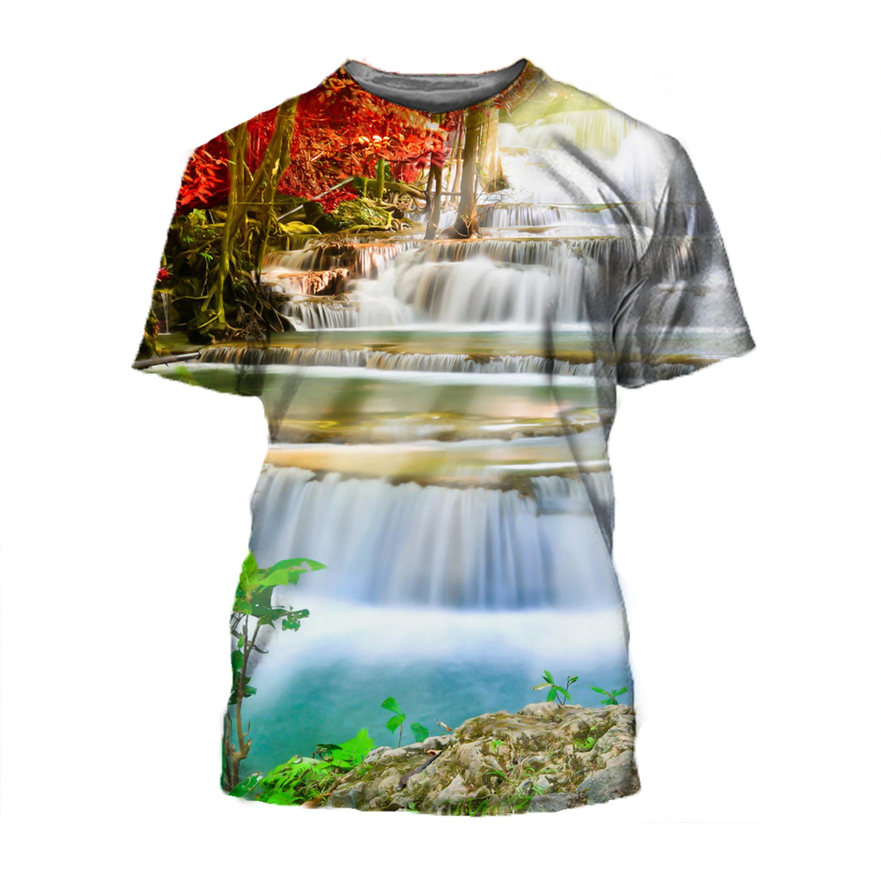 New Cool 3D Waterfall Print T-Shirt Landscape T Shirt Mountain T Shirt