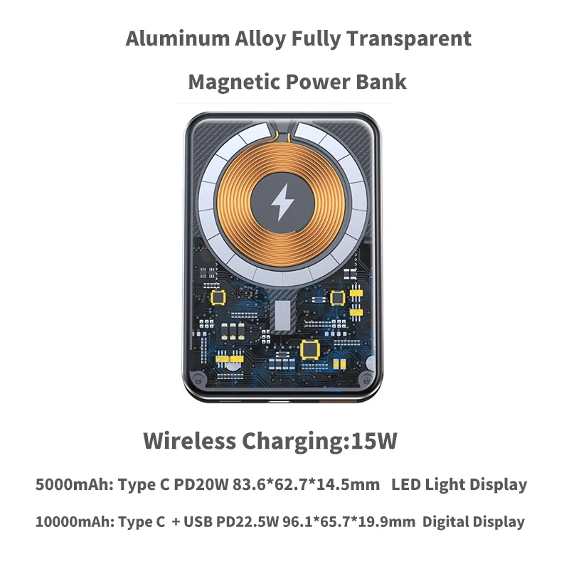 10000mAh 마그네틱 보조배터리 22.5W 급속 충전 iPhone 15 14 13 12 Pro Max 휴대 전화 무선 충전기 외부 보조 배터리용