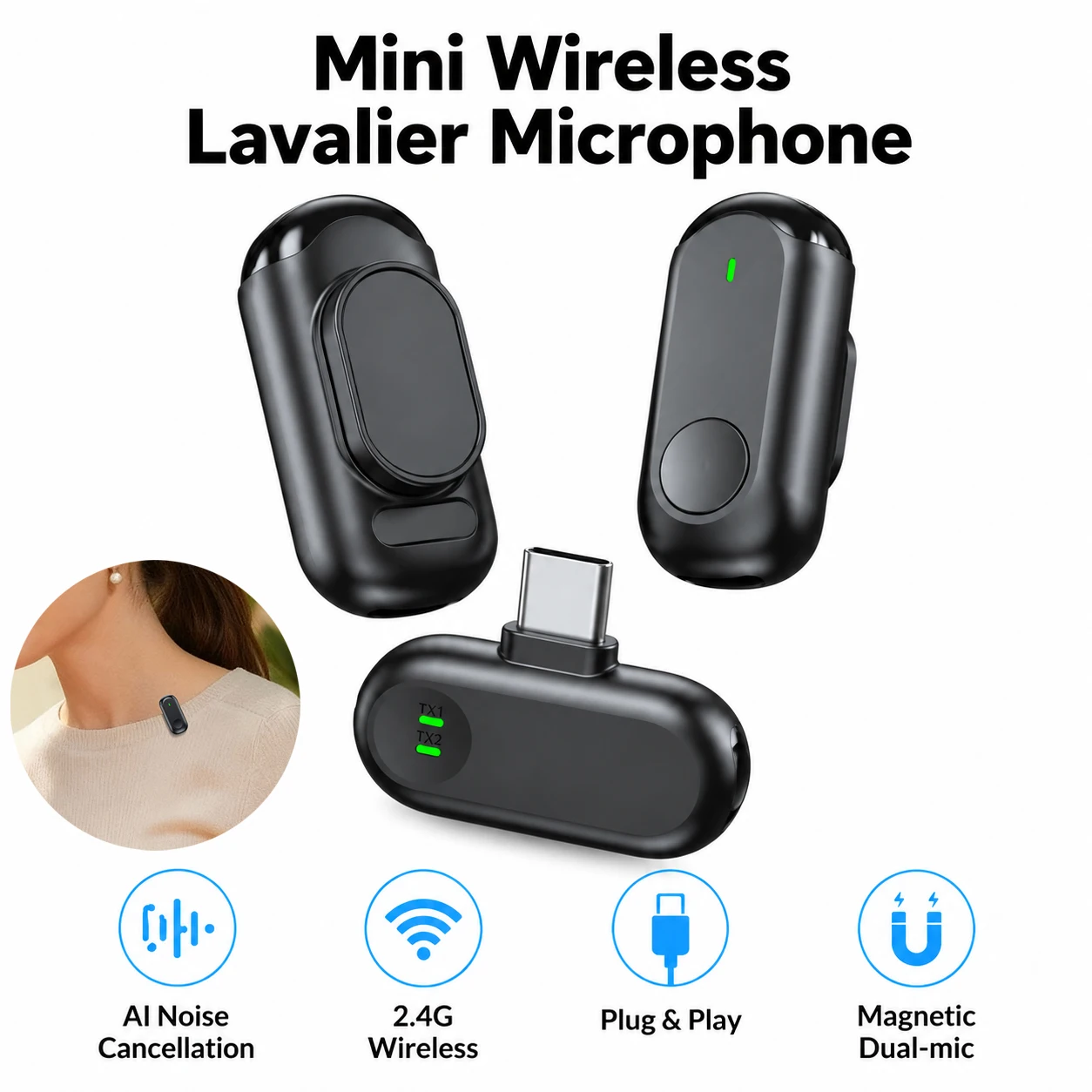 Wireless Dual-Mic Lapel System for Vlog Recording & Live Streaming