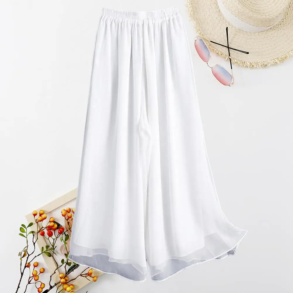 Women Pants Elastic Waist Solid Color Wide Leg Double Layers Loose Daily Wear Pleated Plus Size Lady Culottes Female Clothes