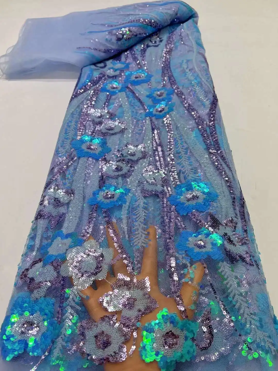 

African Sky Bule Beaded Lace Fabric 5 Yards Wedding Fabrics for Women Dubai French Tulle Net Embroidery Fabric with Sequins HD37