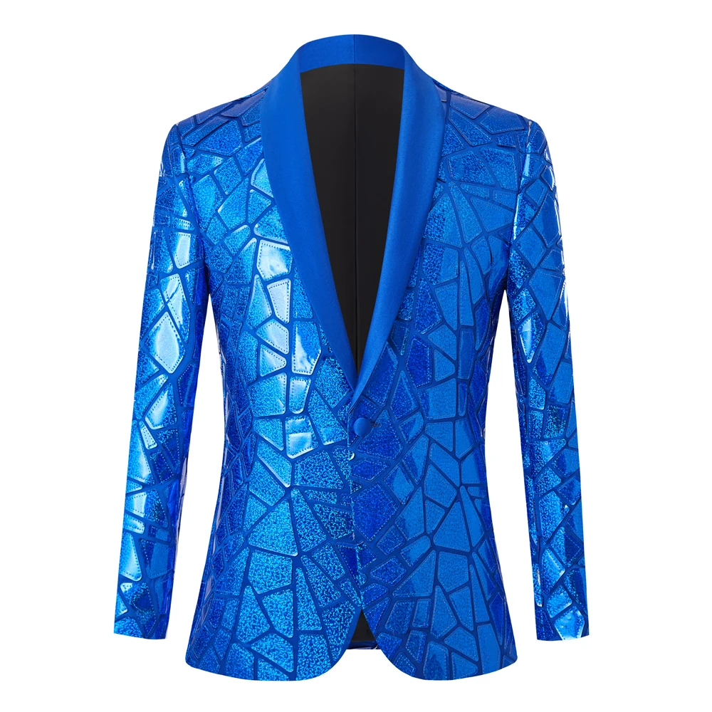 Shiny Blue Sequins Bling Glitter Blazer Men 2023 Shawl Collar One Button Tuxedo Suits&Blazer