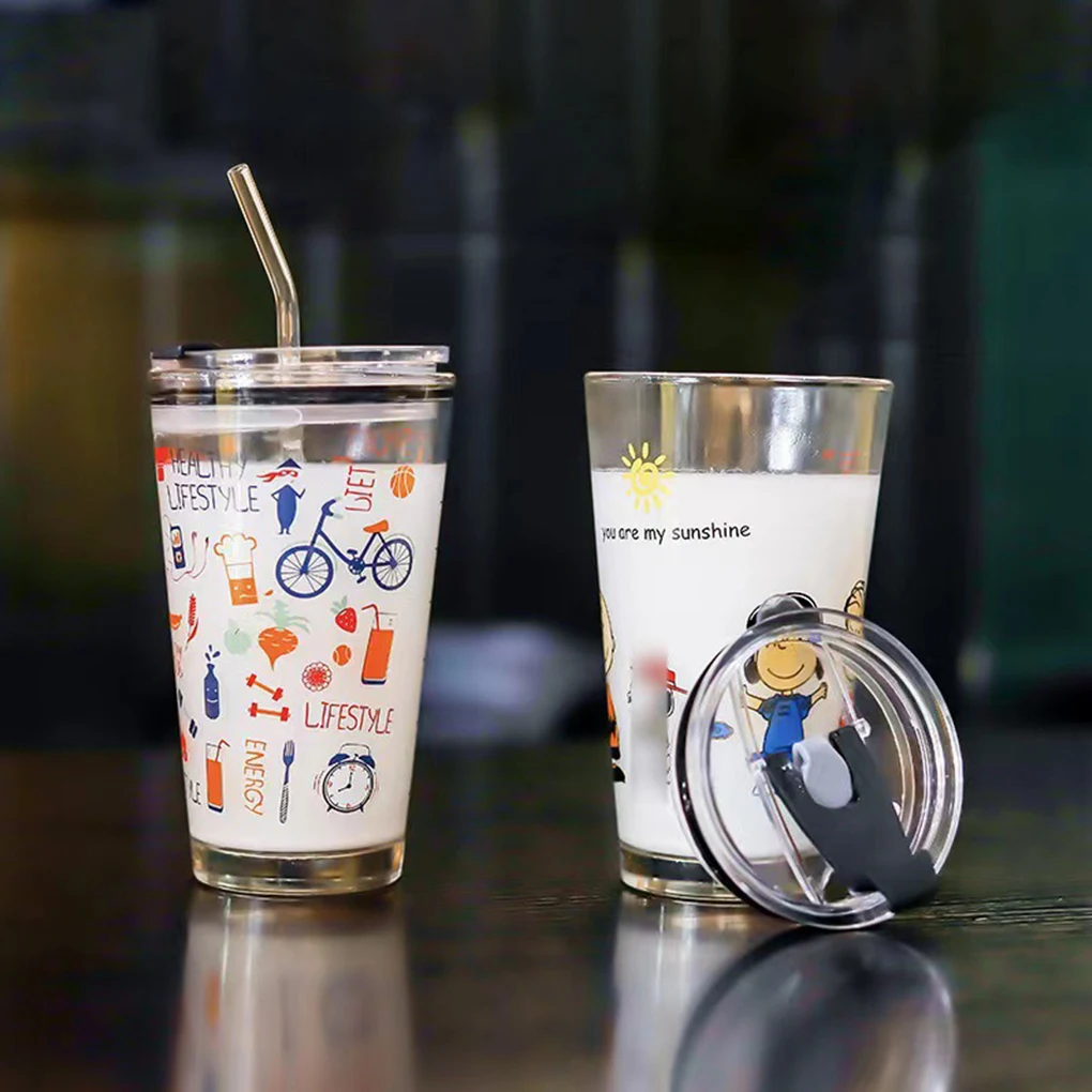 

Wide Mouth Large Capacity Glass Tumbler With Straw And Lid Food Grade Cartoon Glass Water Bottles
