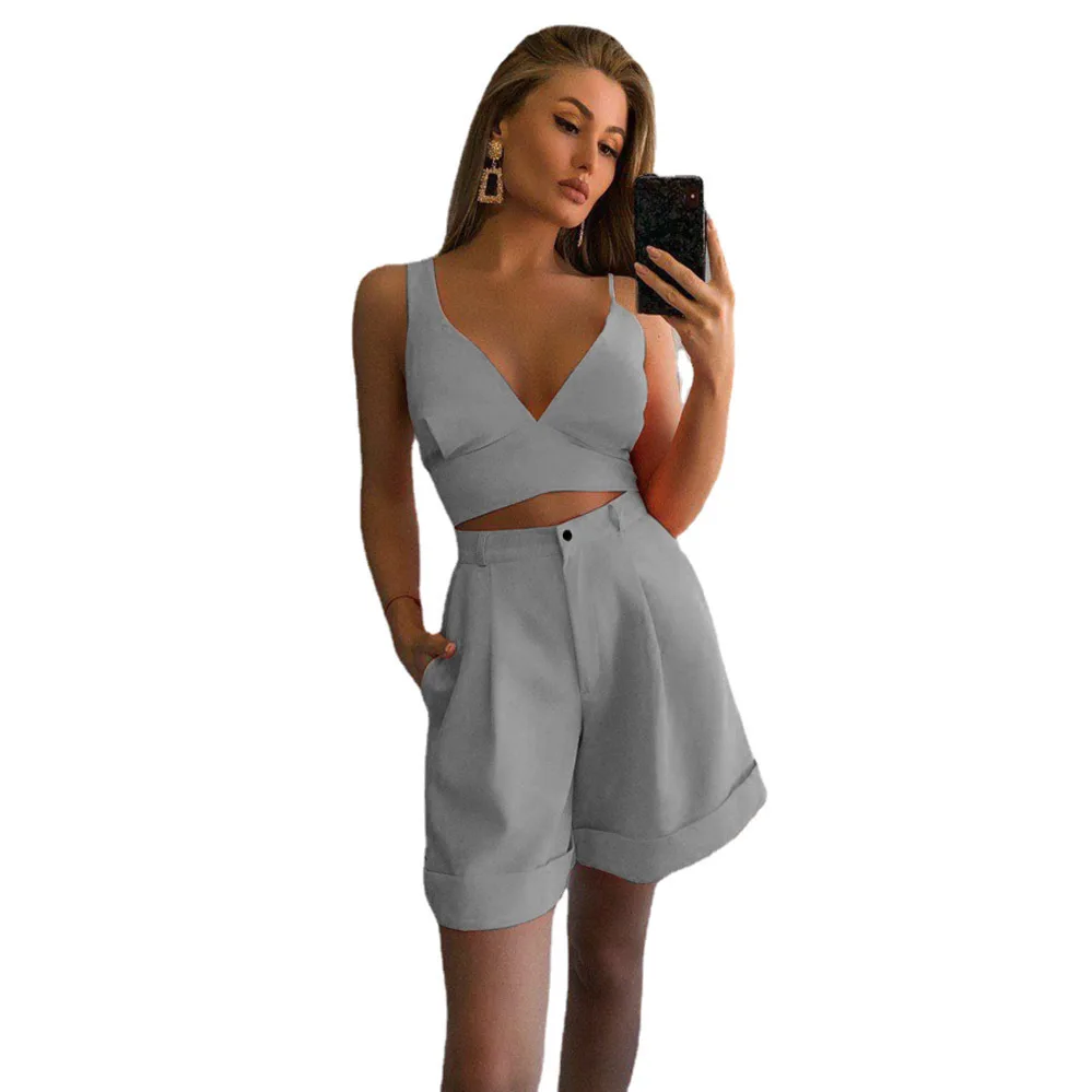 2023 European and American Spring Summer women's solid color two-piece strapless top high waisted shorts