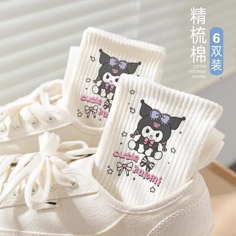 Sanrio-헬로키티 마이 멜로디 쿠로미 파차코 화이트 스타킹, 귀여운 튜브 스타킹 여성 패션, 6 켤레