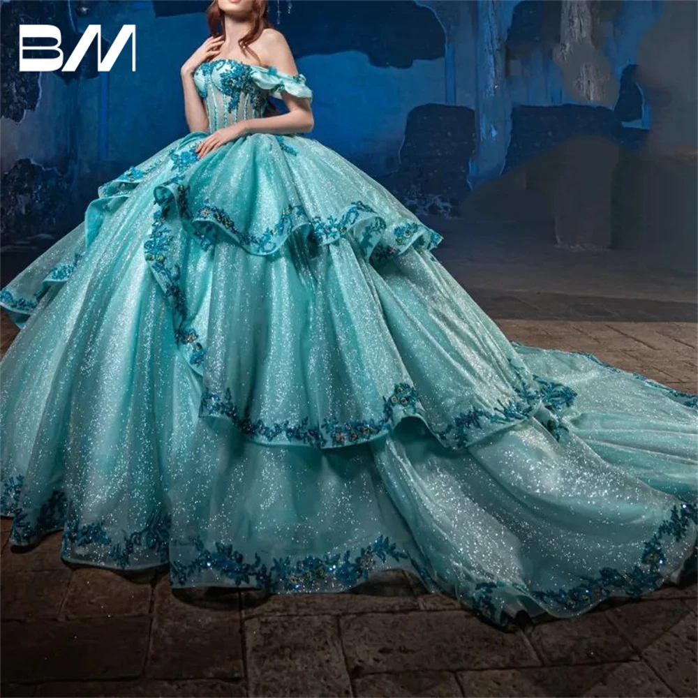 Ice Blue Sparkle Sweet 15 16 Dress Corset Floral Lace Appliques Women Quinceanera Dress Cocktail Dresses Vestidos De Baile