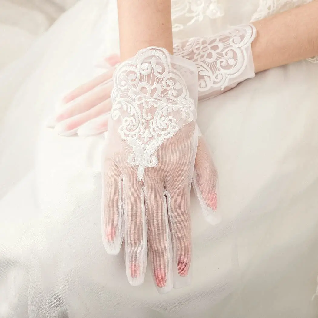 Tulle Wedding Gloves Short Bride Ivory Lace Tea Party Bridal Accessories for Women and Girls
