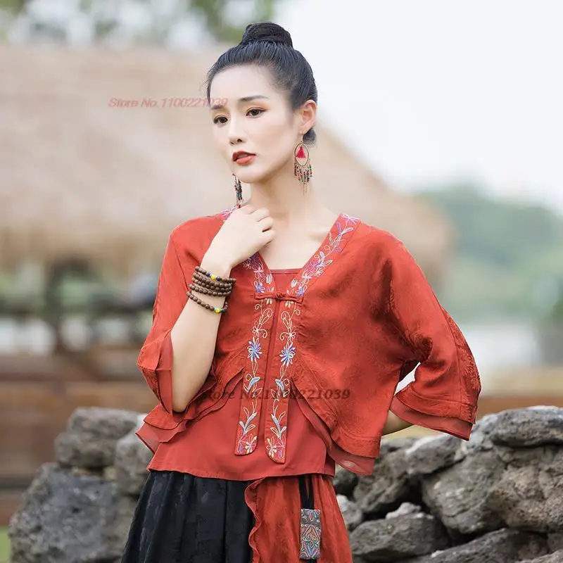 

2024 china national chiffon cardigan women retro ethnic harajuku tang suit jacket vintage flower embroidery v neck hanfu coat