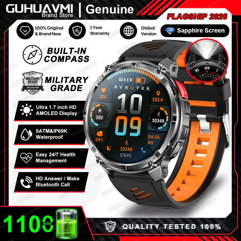 Nouvelle montre connectée T-Rex3 Pro 2026 avec batterie 1100 mAh, GPS, suivi d'activités sportives, étanchéité 5 ATM, boussole, pour activités de plein air et militaires