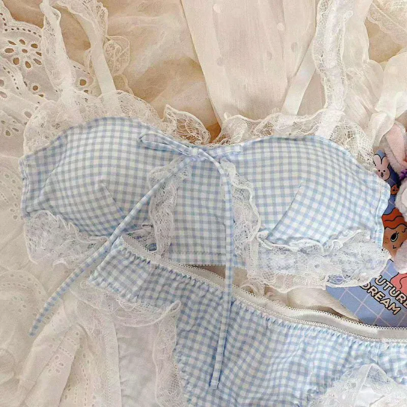 Women's Lingerie Japanese Cute Cotton Plaid Bralette Set Lace Underwear Women Lolita Girl Teens Wire Free Thin Bra and Panty Set