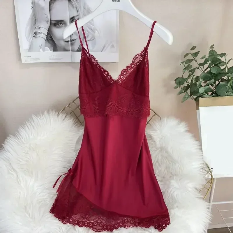 

Summer Nightwear Lingerie Home Print Nightgown Satin Loungewear Silky Nightdress Lace Women Sleepwear Female Strap Sexy Dress