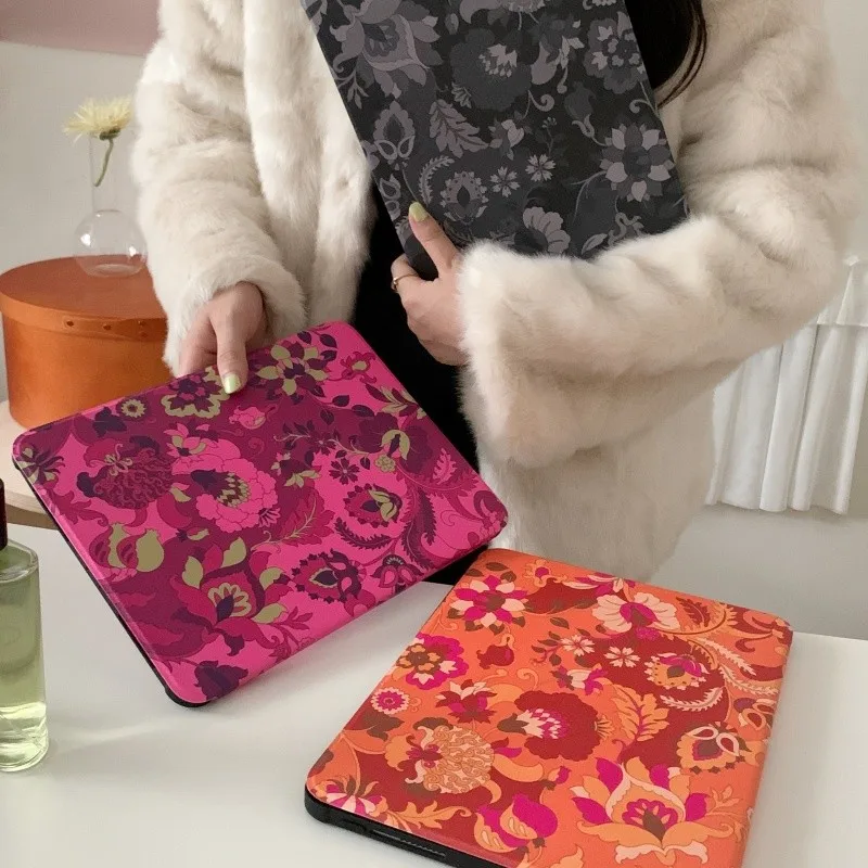 360 Rotating Vintage Boho Floral Tablet Case with Pencil Holder