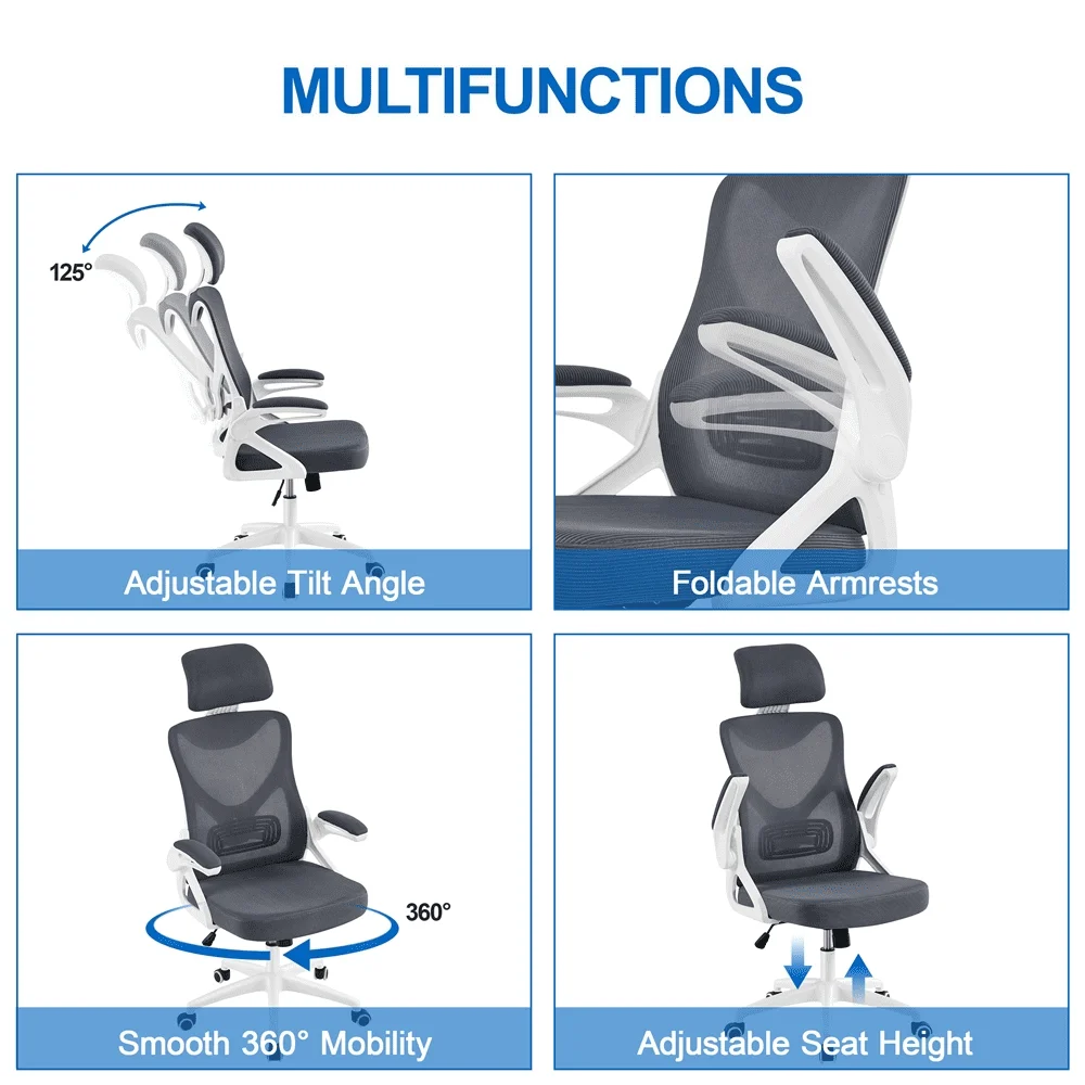 High Back Ergonomic Mesh Office Chair With Adjustable Padded Headrest White/Black Furniture Computer Armchair Chairs Gaming 4