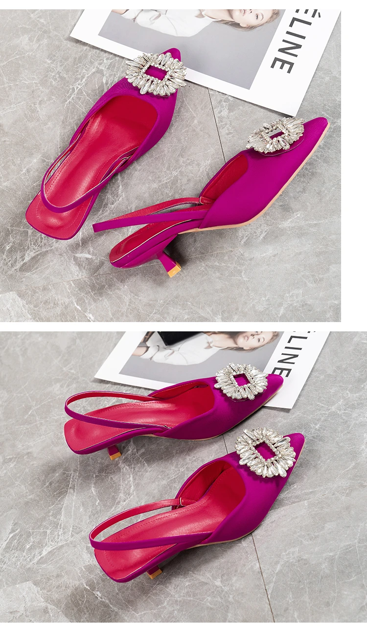 2022 New Women's Shoes Pointed Toe Shallow Nude Pink Diamond Shoes Low Heel Back Strappy Shoes Women