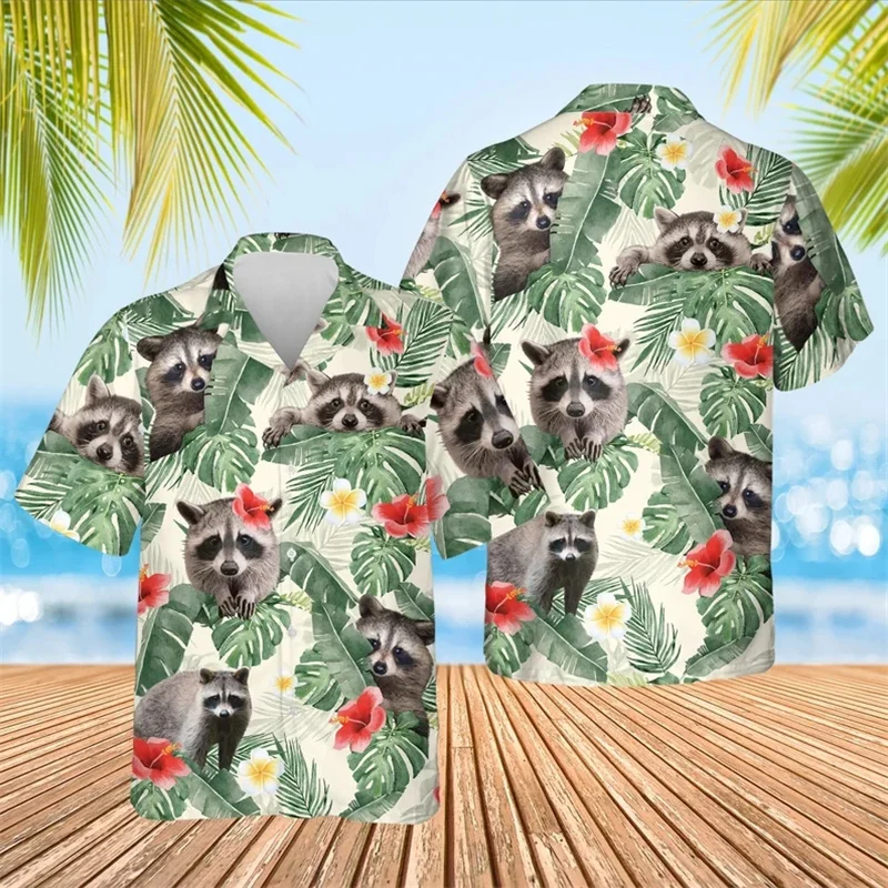 thumbnail image 1 of Camisas hawaianas holgadas y transpirables de manga corta con estampado 3D de mapache y rata para hombre y mujer, para fiestas en la playa, para verano, 1 of 5