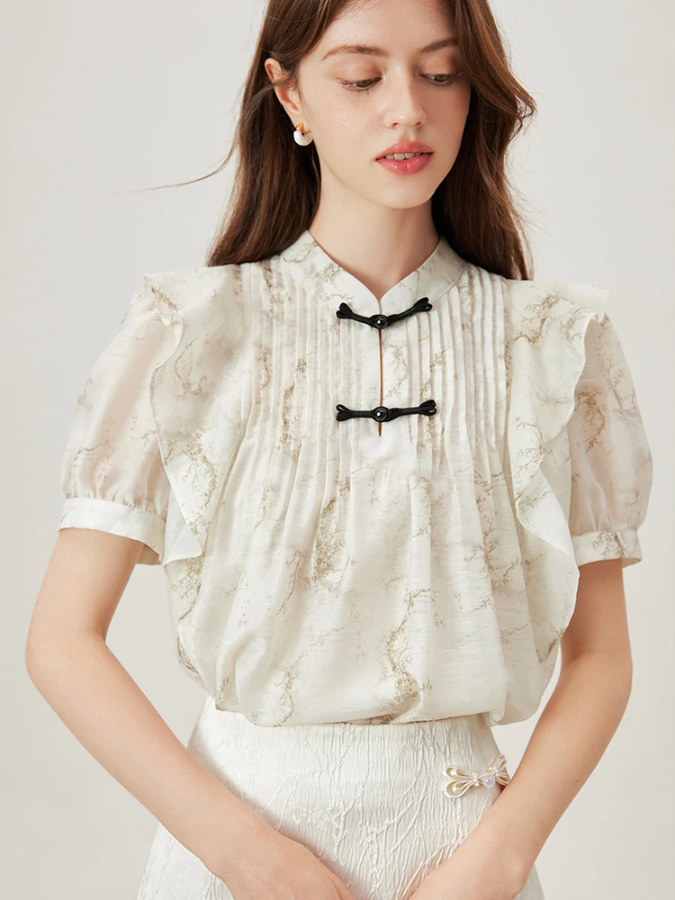 FSLE Stand Collar New Chinese Style Women Summer Thin Short Sleeve Blouses Fungus Edge Design Chiffon Shirts 24FS12459