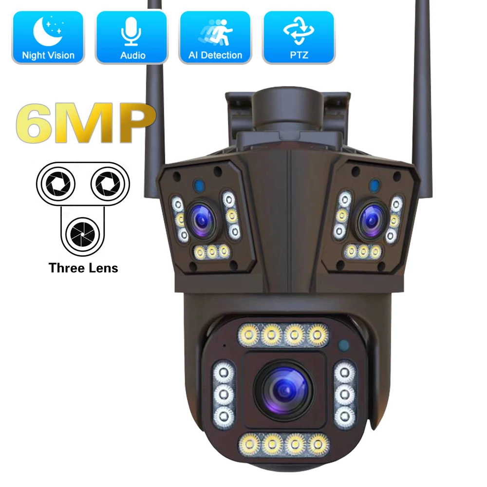 

6MP IP WIFI Camera with Three Lenses Screens Outdoor Night Vision PTZ Security Cam Wireless CCTV Surveillance PTZ Cameras