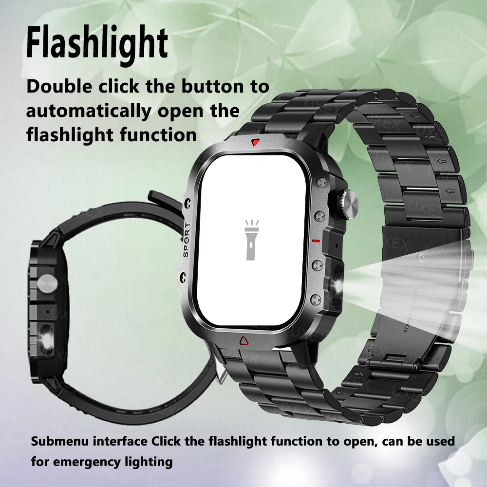 2026 Military Smartwatch Flashlight Waterproof Outdoor Sports Tracker HD Bluetooth Calls Smart Watch New 22MM Strap Android IOS 5