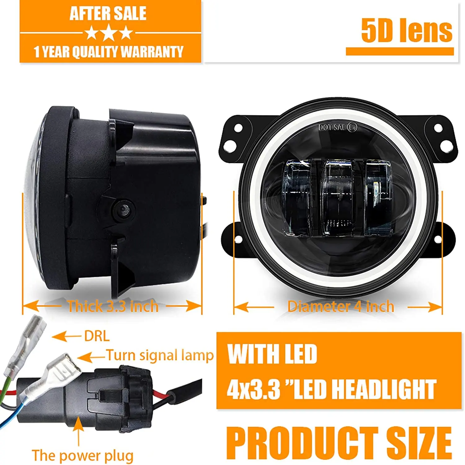 4-Inch Round LED Fog Lights with White Amber Halo Ring and DRL Offroad Lamps