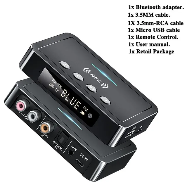 Transmisor receptor Bluetooth 5.0 Nfc Estéreo 3.5mm Conector auxiliar Rca  Adaptador de audio inalámbrico óptico Micrófono Ir Control remoto para TV