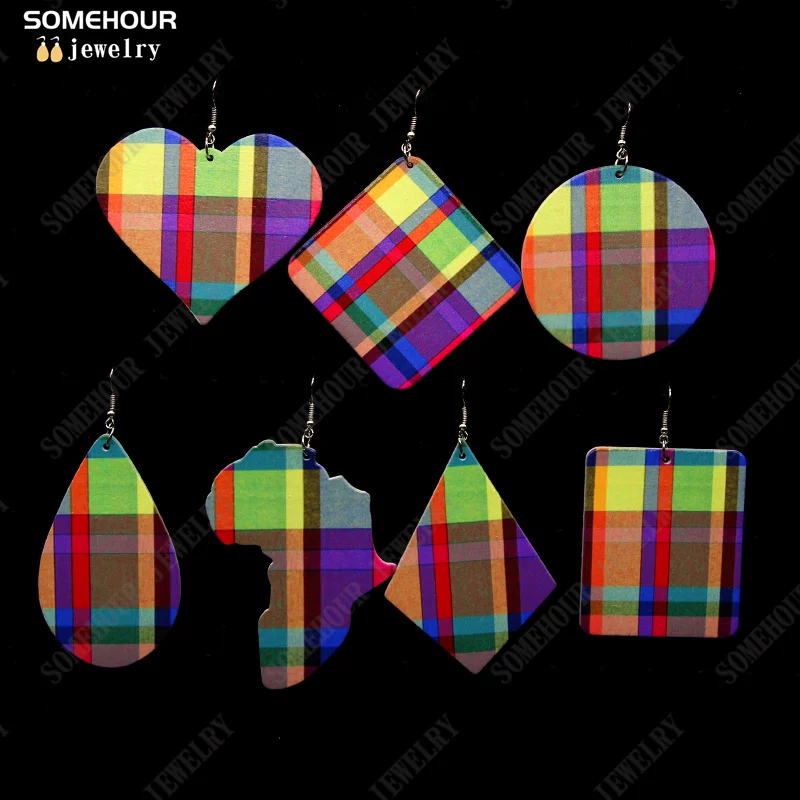 SOMEHOUR 7 Shapes Madras Plaid Print Wooden Drop Earrings African Ethnic Art Geometric Pendant Dangle Jewelry For Women Gifts 4