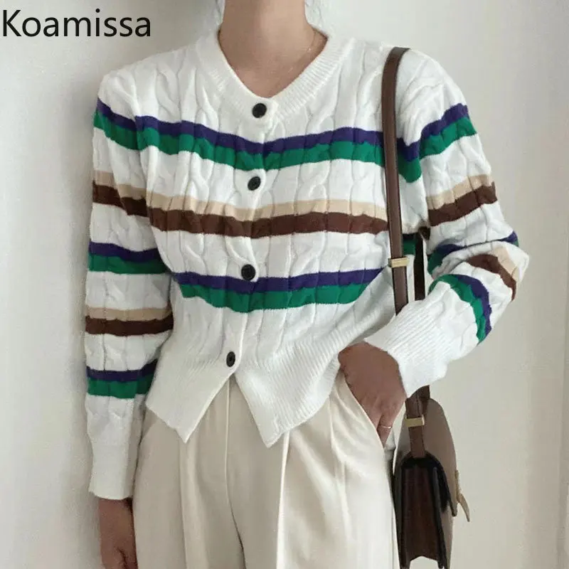 

Koamissa Women Knitted Cardigan Lady Long Sleeve Single Breasted Patchwork Striped Cardigans Korean Chic Fall Kardigans De Mujer