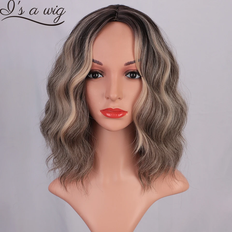 

Short Wavy Bob Wig Ash Gray Platinum Synthetic Wigs for Women Middle Part Brown Ombre Orange Natural Wave Wig for Cosplay Daily