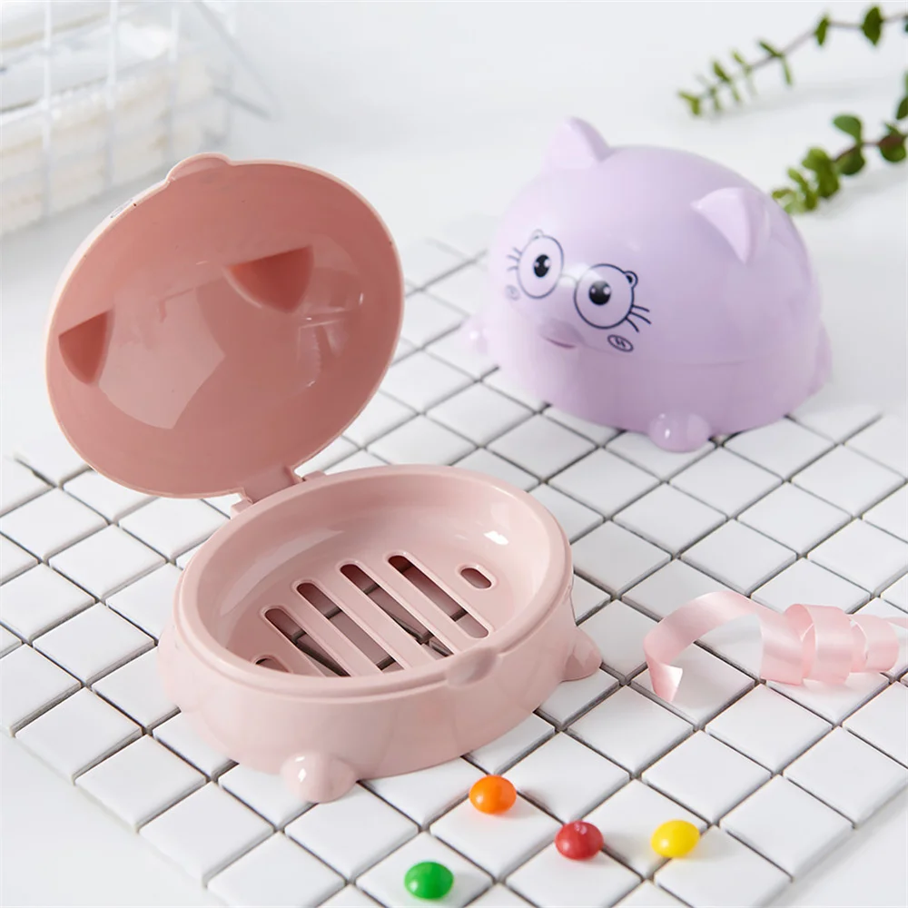 Plastic Cartoon Cat Soap Dish with Cover Soap Box Holder Case Cute Bathroom Storage Cleaning Bathroom Suppy Accessories 3